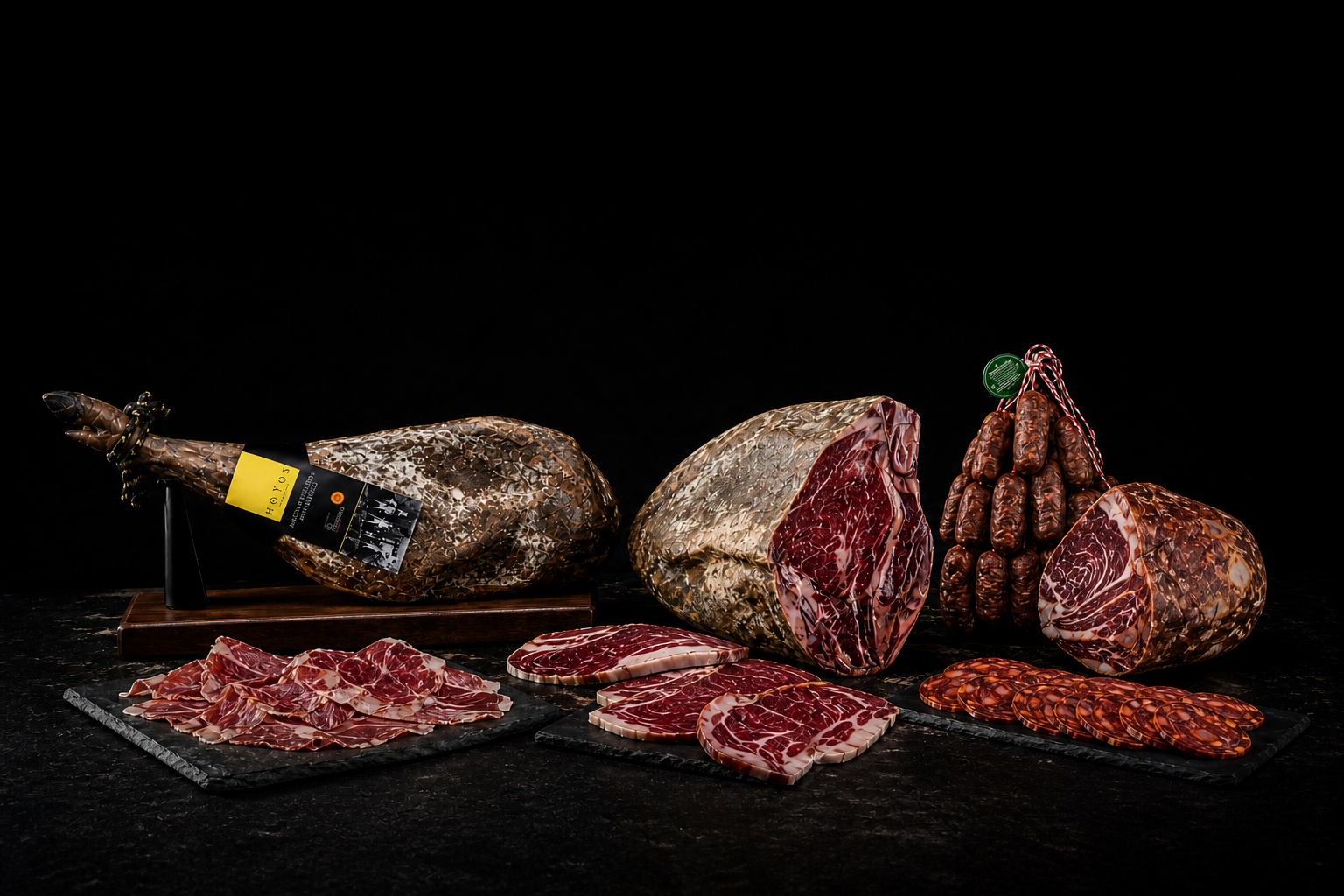 Selección completa de jamones, paletas y embutidos de Hermanos Hoyos