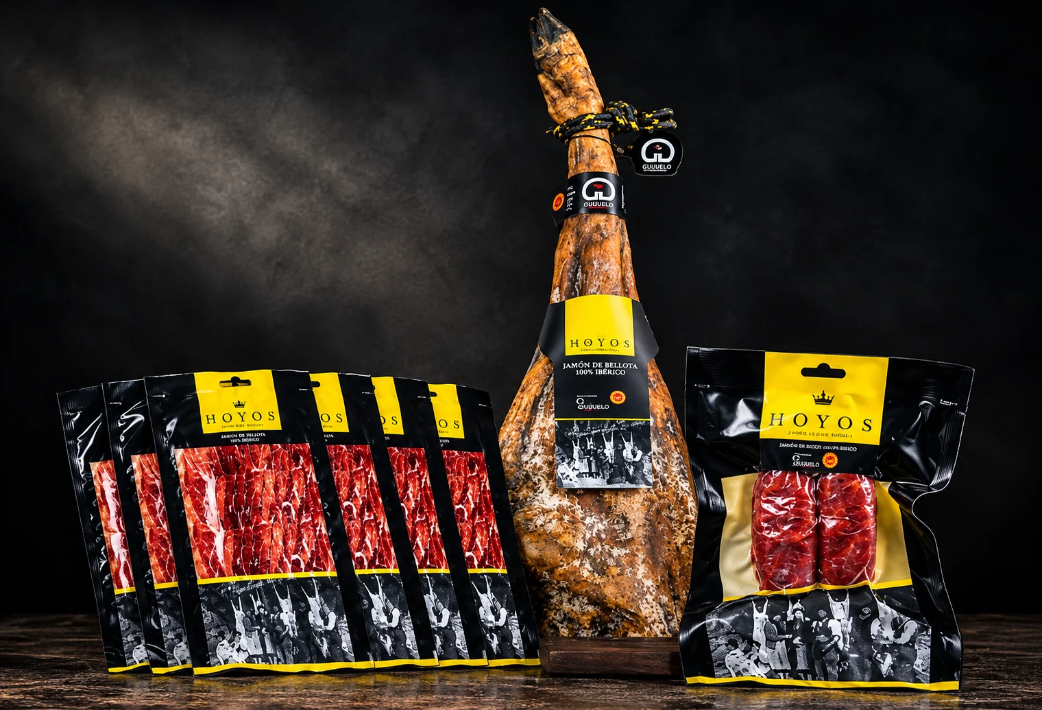Jamón ibérico Hermanos Hoyos acompañado de sobres de loncheados